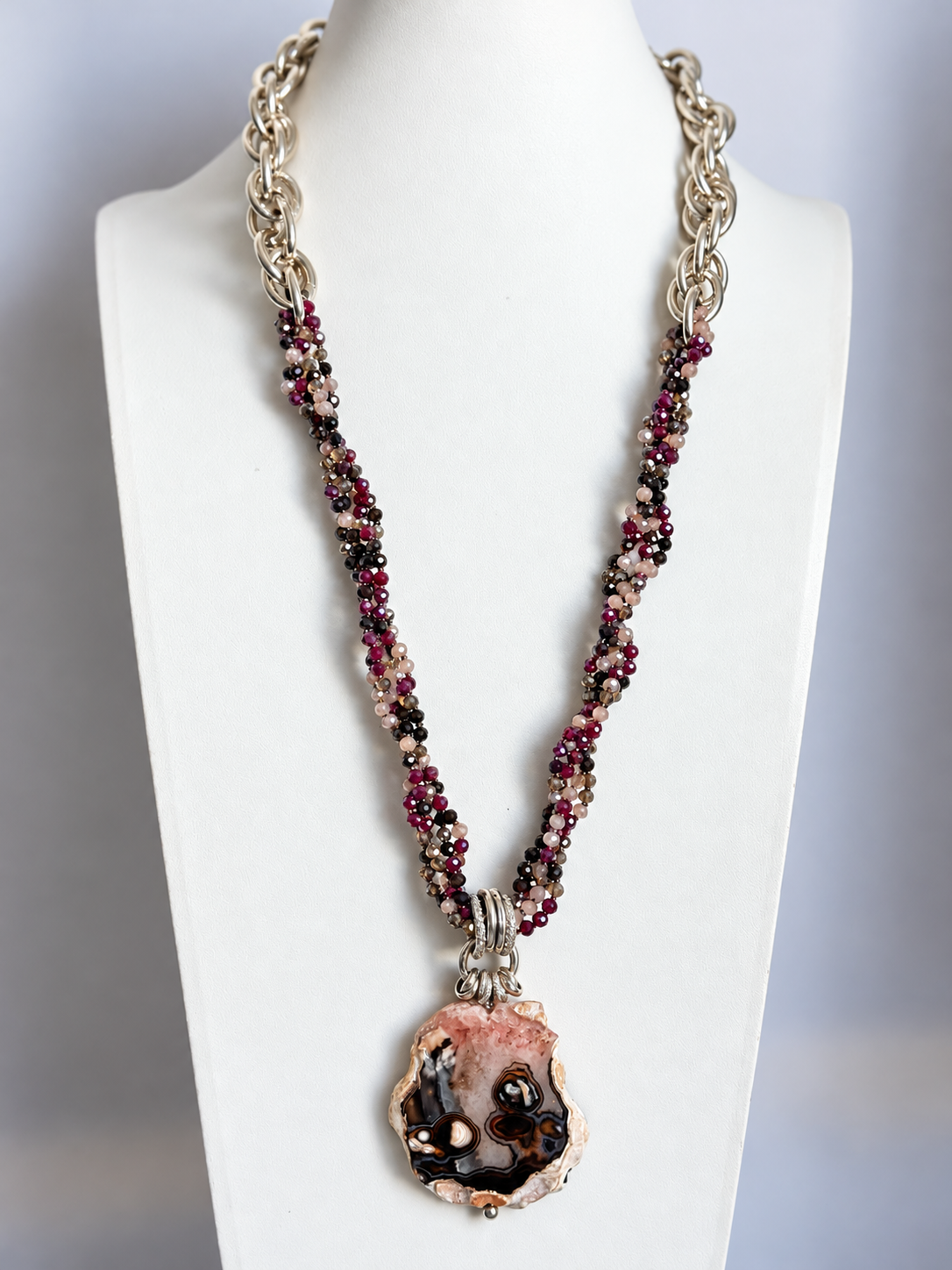Collana artigianale torchon viola grigio con Agata naturale