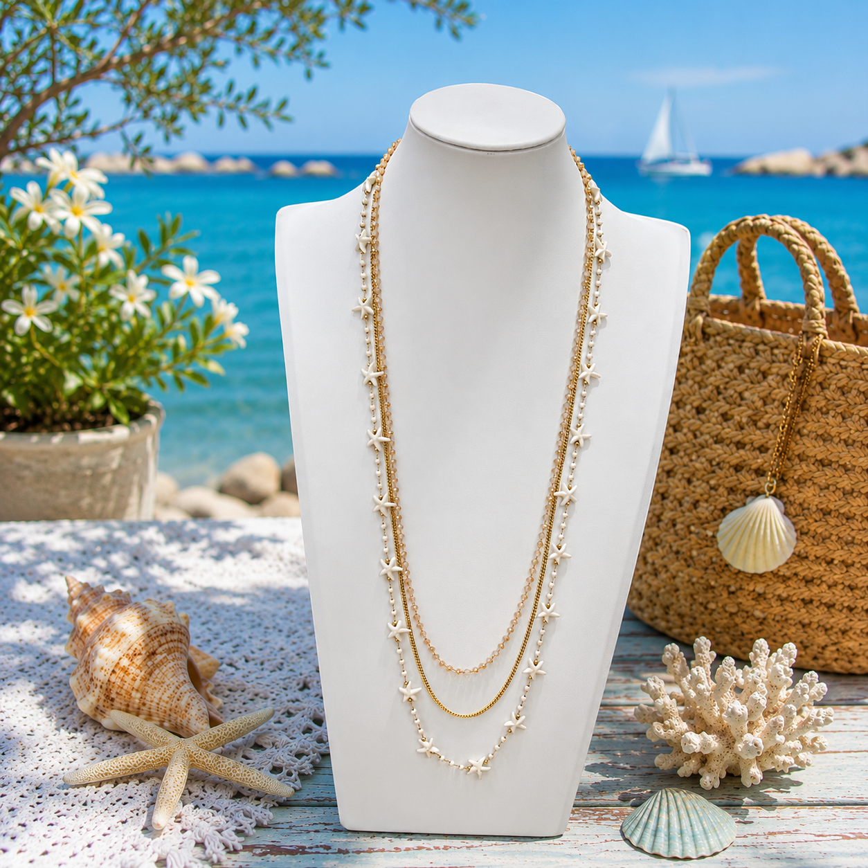 Collana tre fili lunga con stelle marine