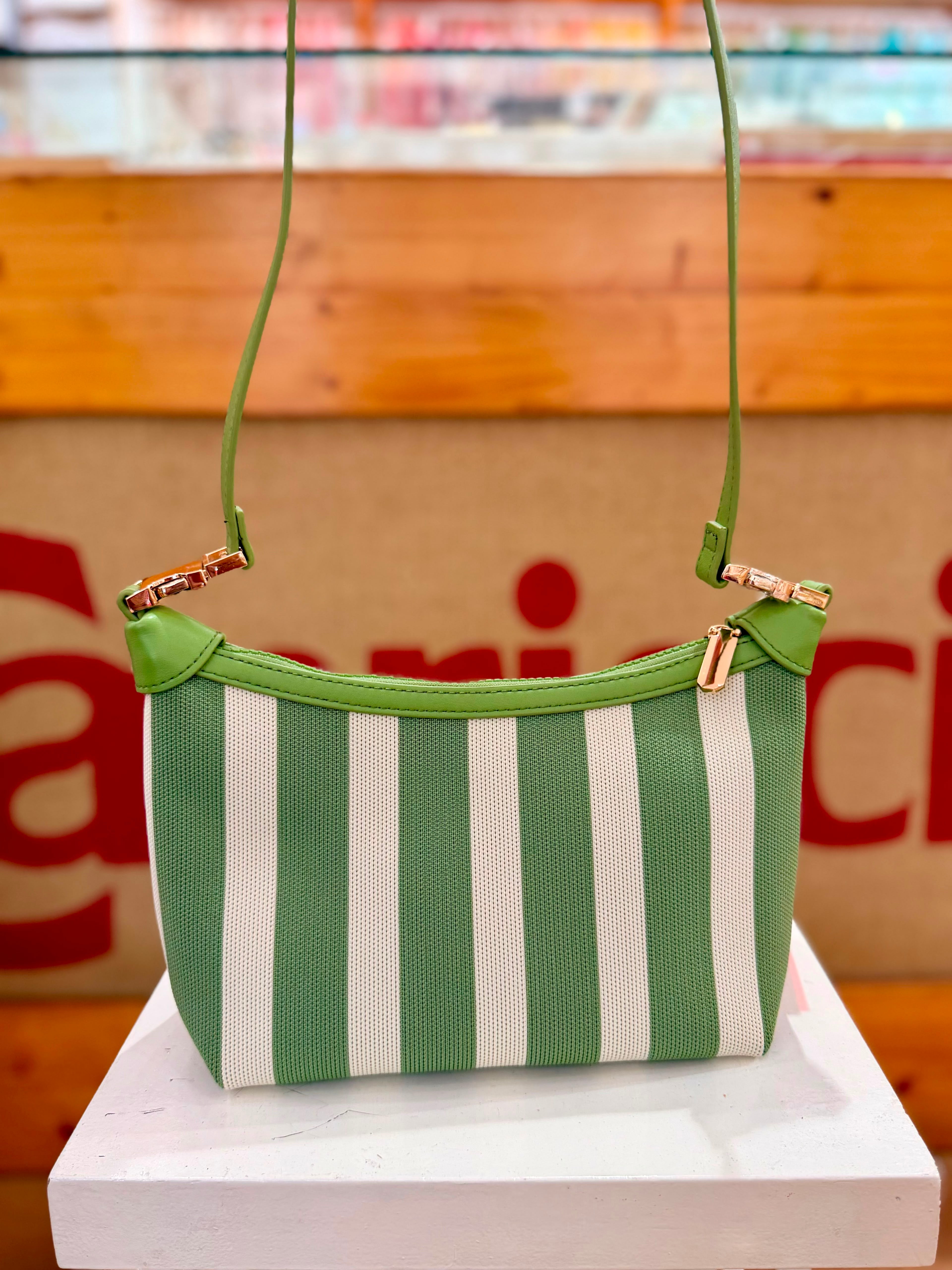 Borsa tracolla a righe beige e verde in tessuto