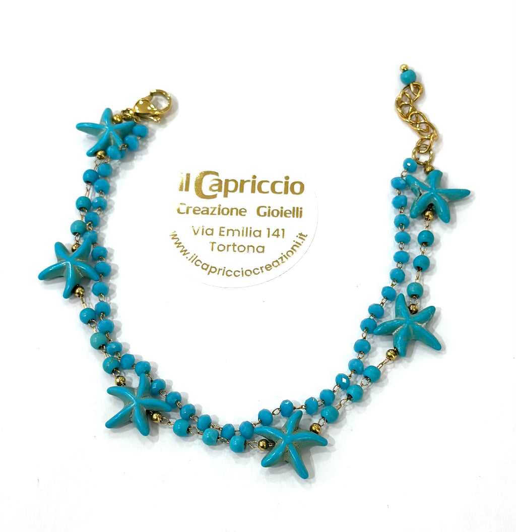 Bracciale azzurro doppio giro con stelle marine e cristalli