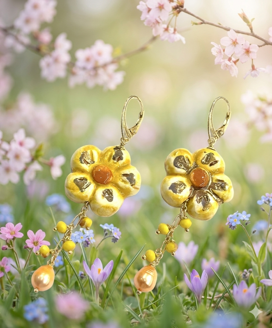 Orecchini "Risveglio di Primavera" – Fiori in Ceramica e Perle