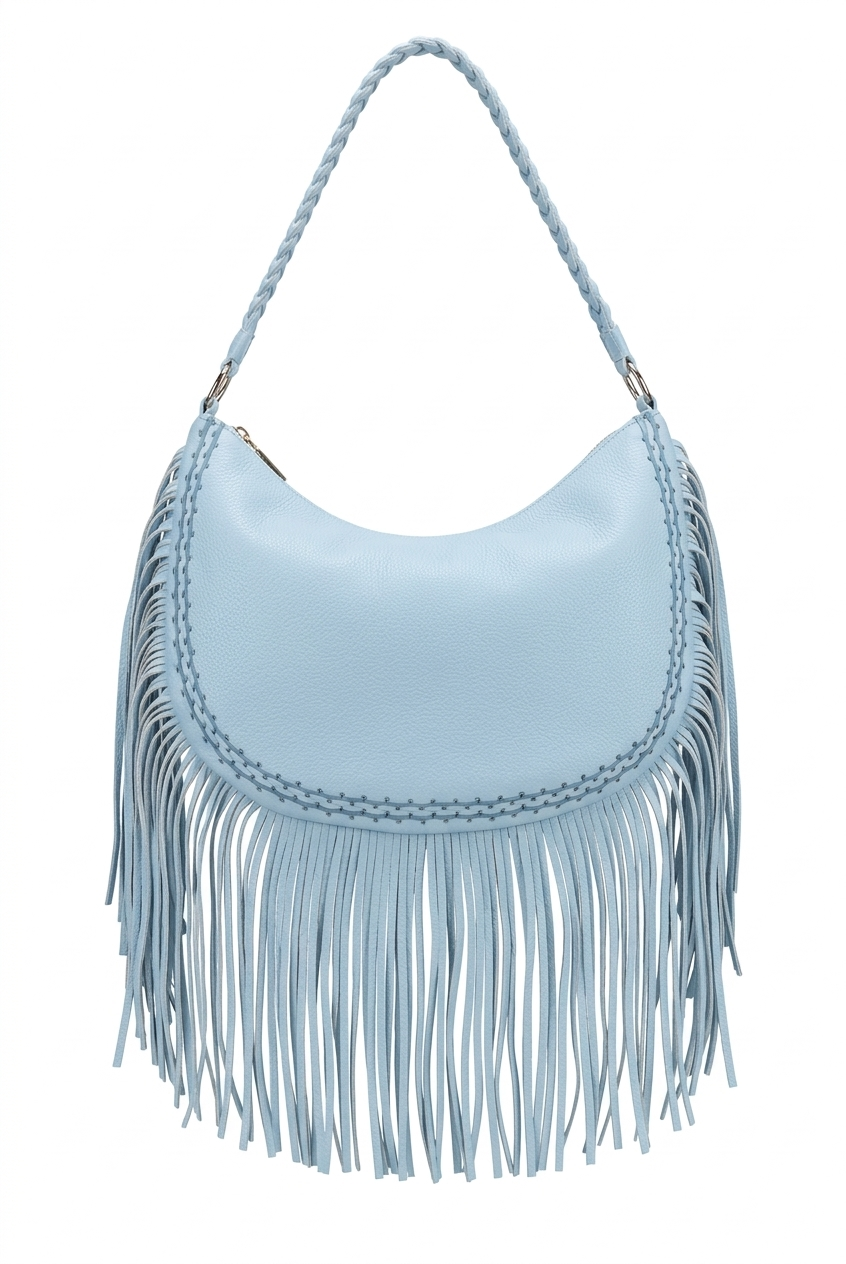 Borsa Hobo "Azzurro Polvere" in EcoPelle con Frange e Manico Intrecciato