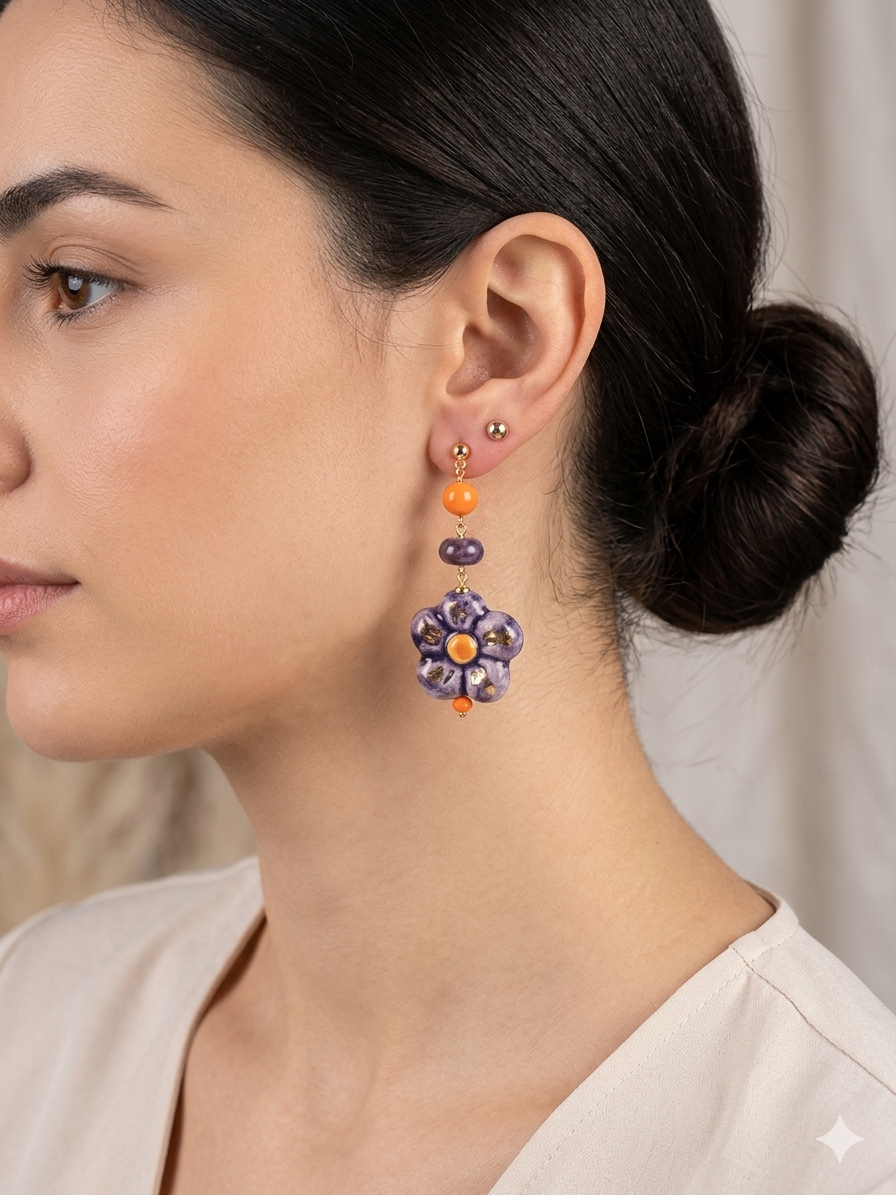 Orecchini Pendenti "Flora" in Ceramica di Caltagirone e Argento 925