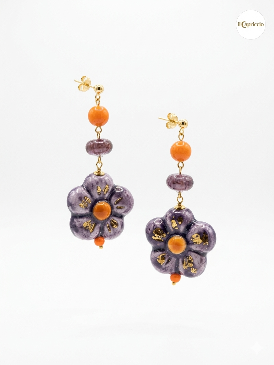Orecchini Pendenti "Flora" in Ceramica di Caltagirone e Argento 925