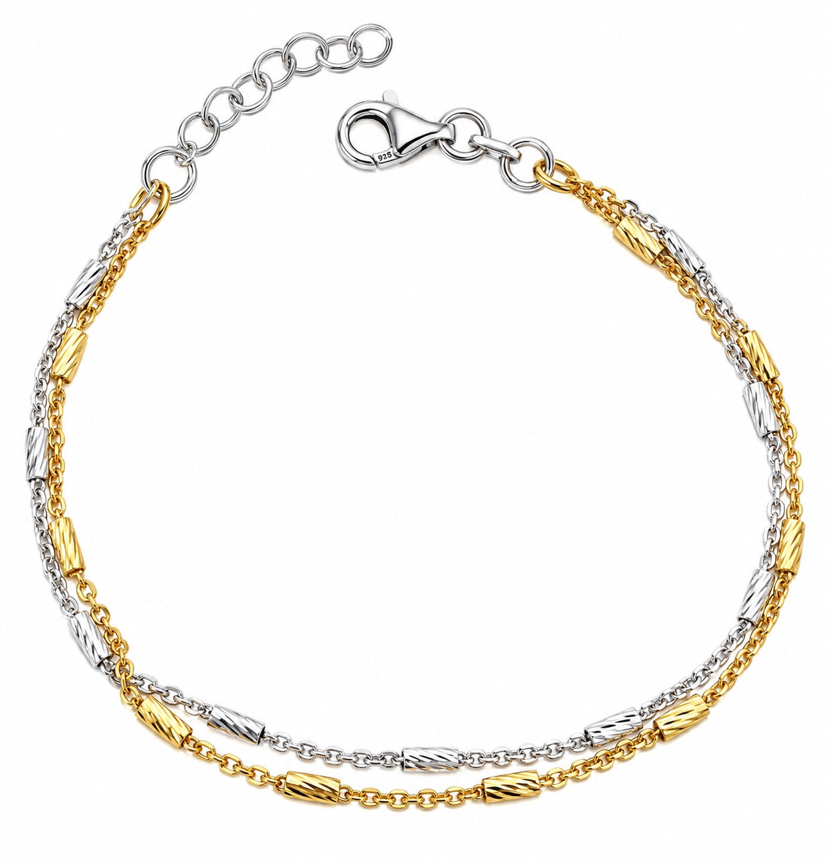 Bracciale bicolor in Argento 925 con catena forzatina e barrette dorate e argentate su sfondo bianco