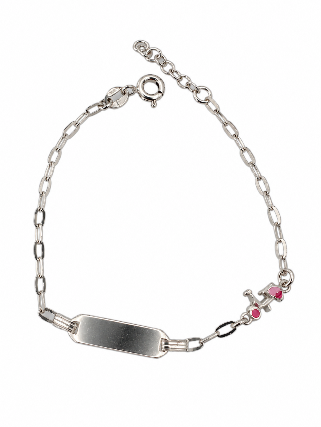 Bracciale bimba con vespa rosa e piastrina in Argento 925 su sfondo bianco
