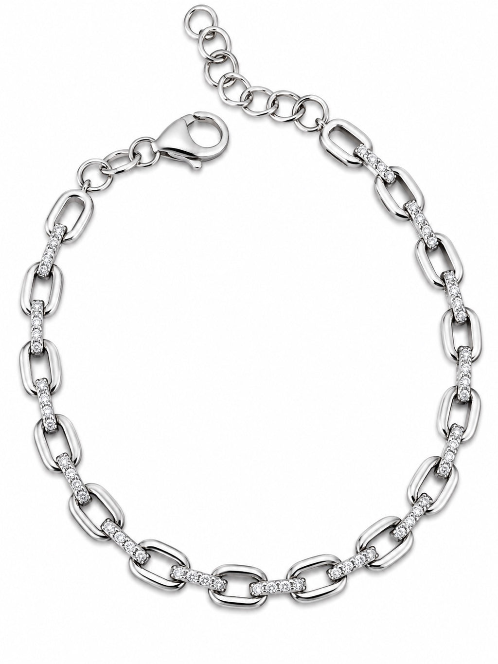 Bracciale catena rettangolare con barrette di zirconi in Argento 925 su sfondo bianco