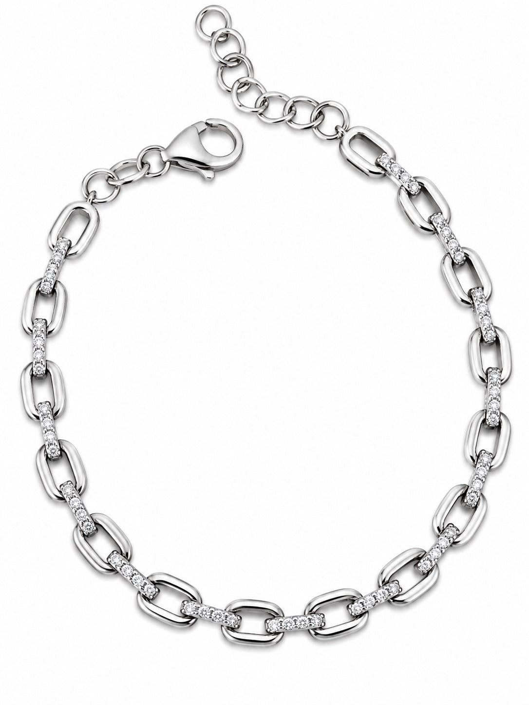 Bracciale catena rettangolare con barrette di zirconi in Argento 925 su sfondo bianco
