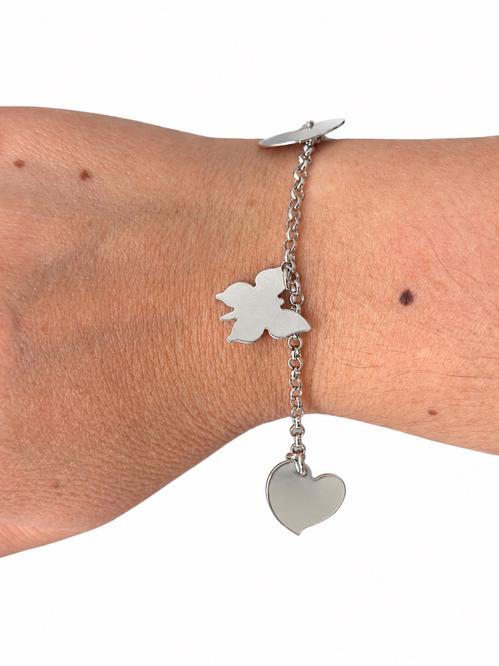Bracciale catena roló con ciondoli cuori e farfalle in Argento 925 indossato