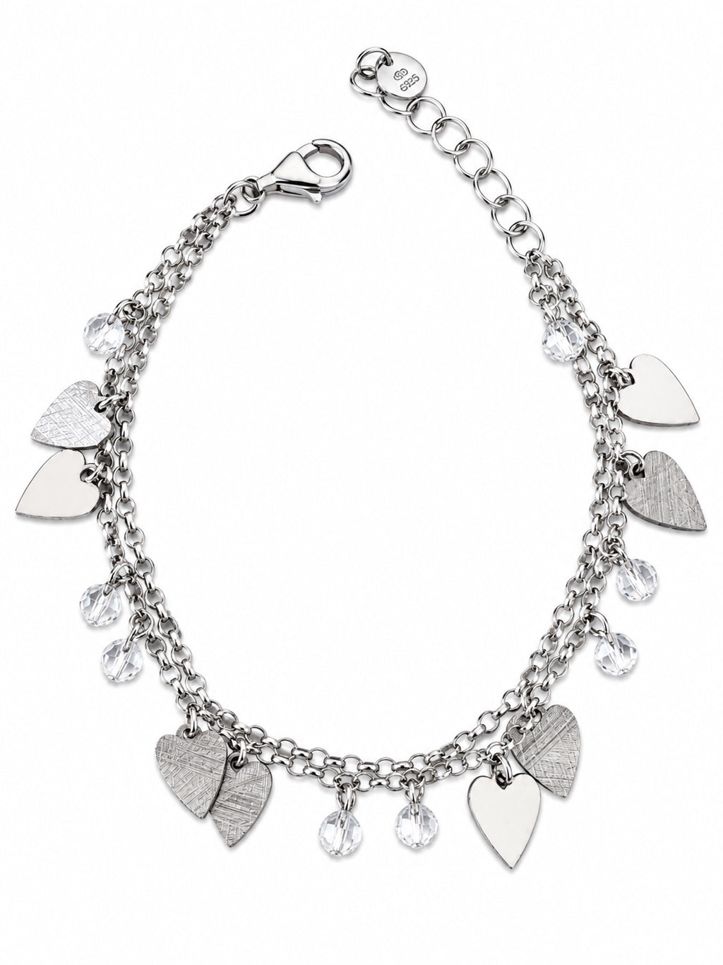 Bracciale doppio con cuori martellati e lisci e punti luce in Argento 925 su sfondo bianco