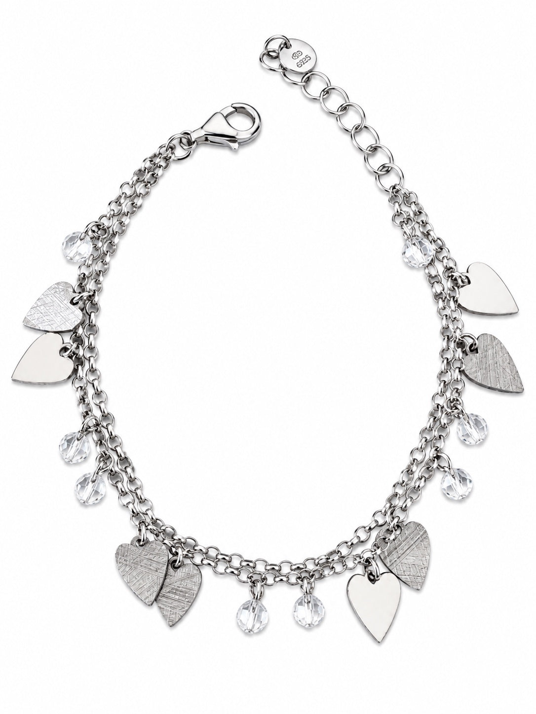 Bracciale doppio con cuori martellati e lisci e punti luce in Argento 925 su sfondo bianco