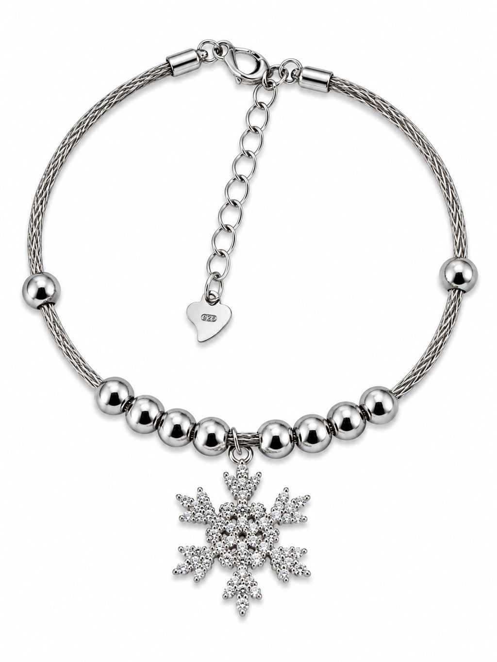 Bracciale semi rigido con ciondolo fiocco di neve tempestato di zirconi in Argento 925 su sfondo bianco