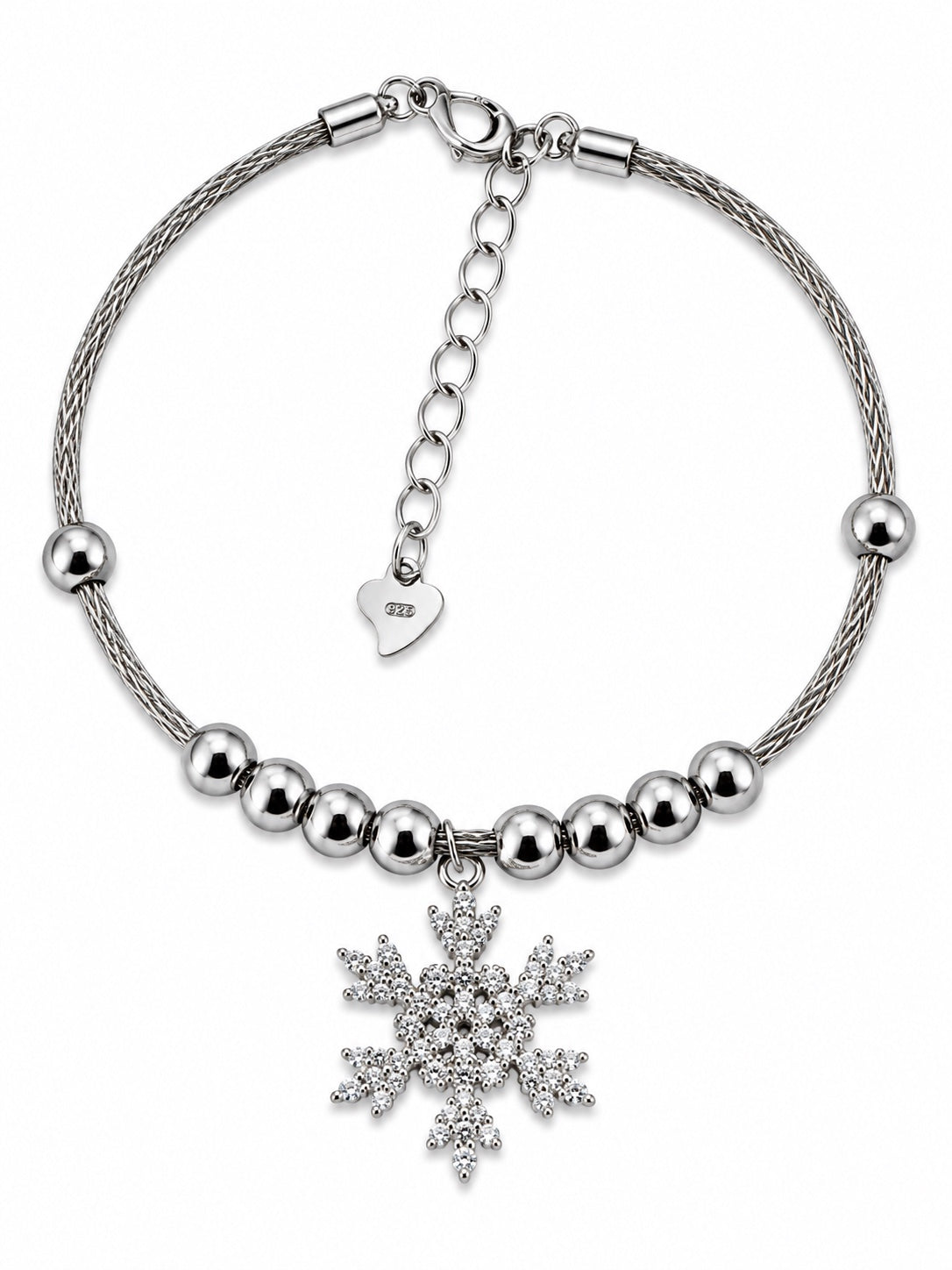 Bracciale semi rigido con ciondolo fiocco di neve tempestato di zirconi in Argento 925 su sfondo bianco