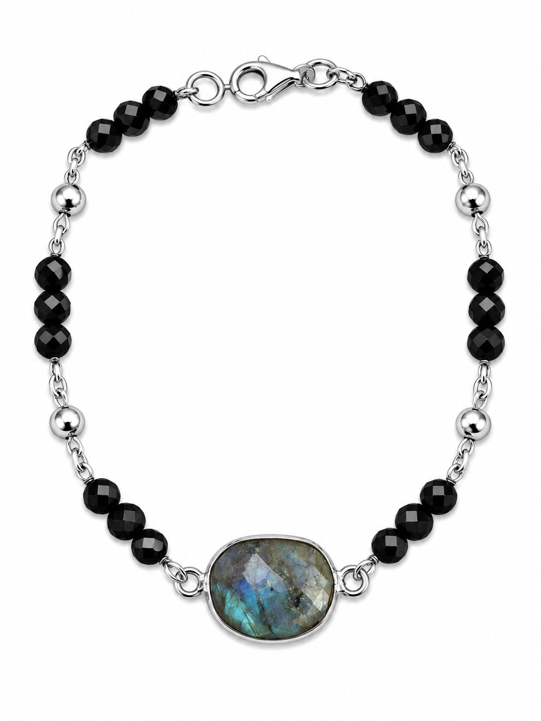 Bracciale con centrale in labradorite e onice, catena e sfere in Argento 925