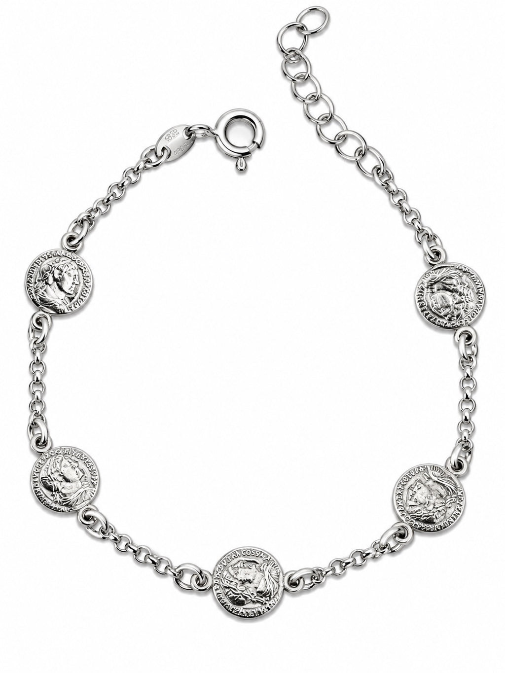 Bracciale monete e catena roló in Argento 925 su sfondo bianco