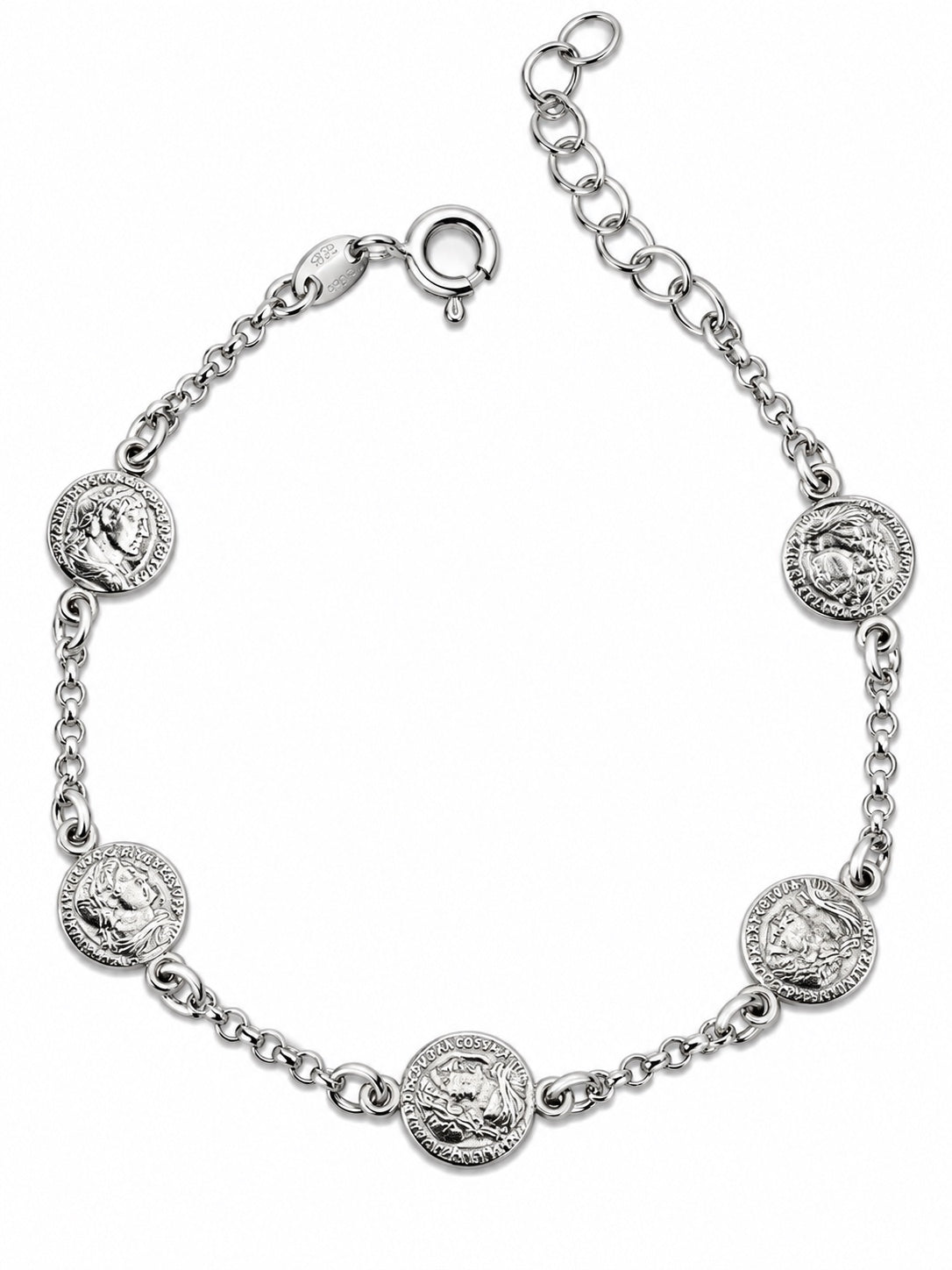 Bracciale monete e catena roló in Argento 925 su sfondo bianco