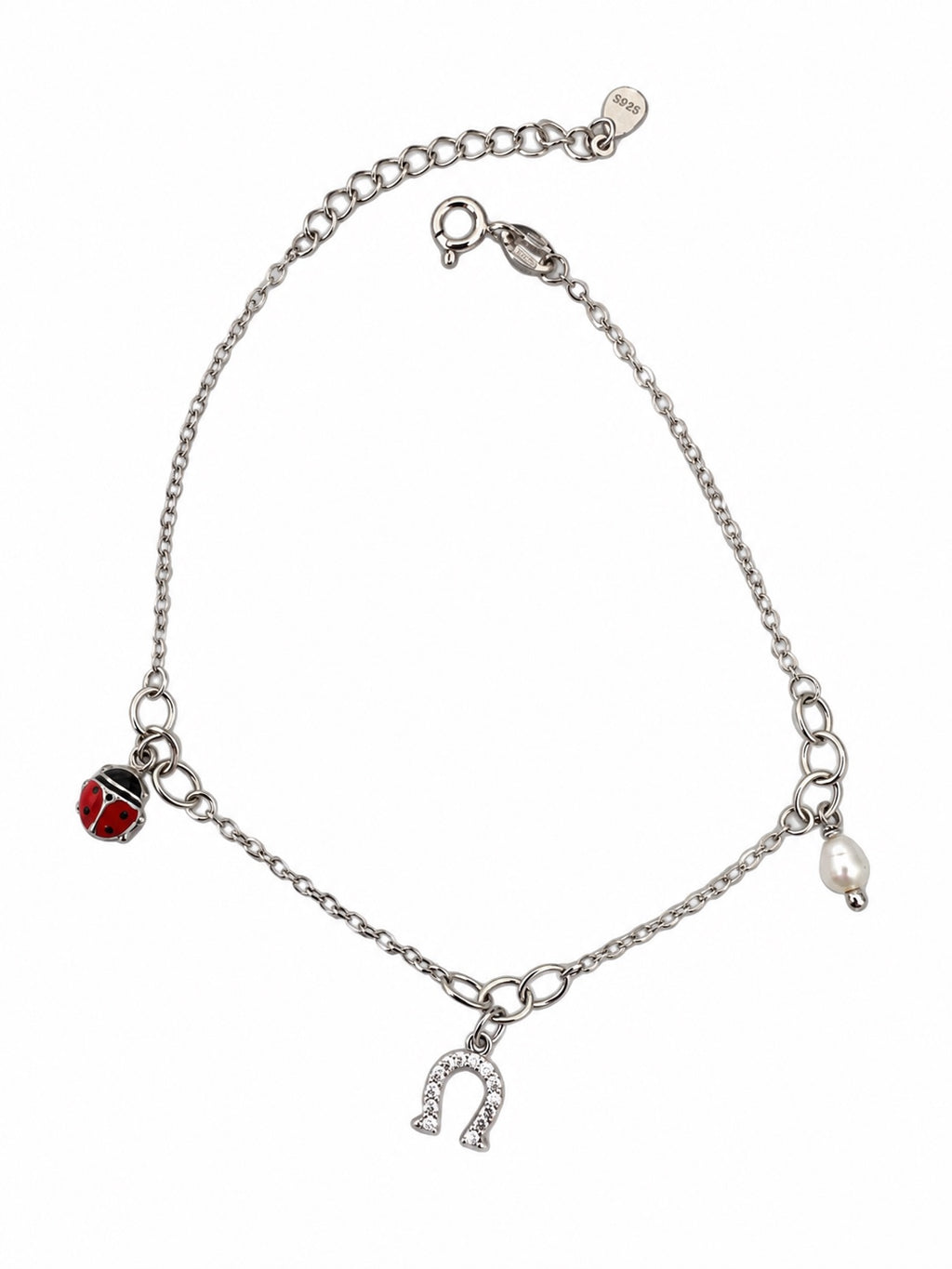 Bracciale catena con ciondoli portafortuna, perla naturale, ferro di cavallo e coccinella in Argento 925