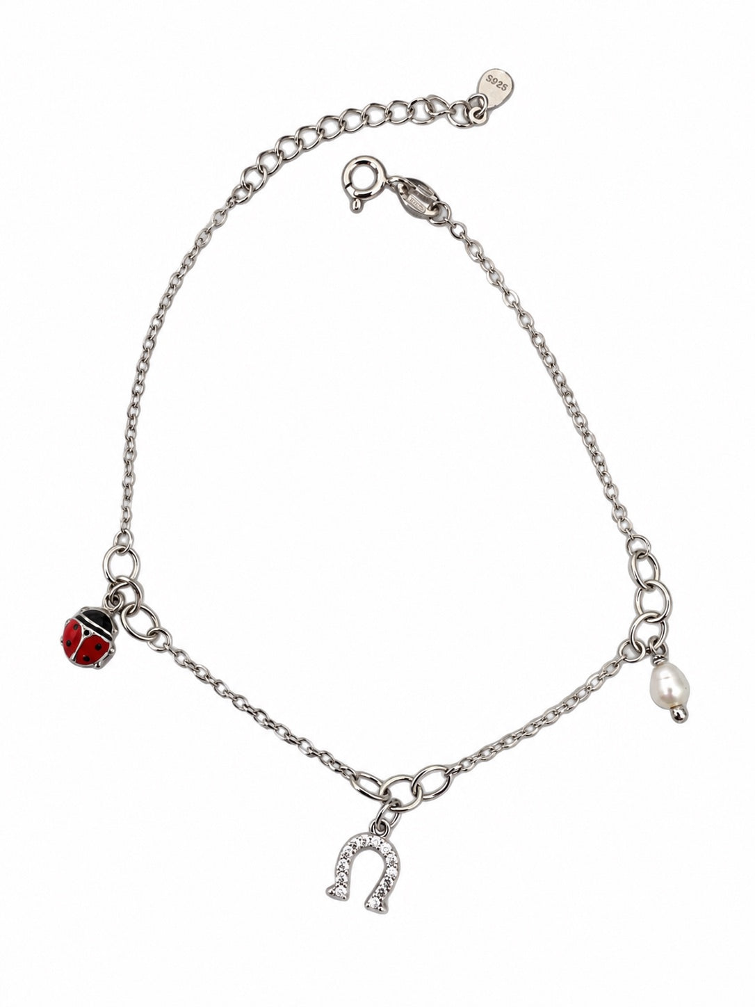Bracciale catena con ciondoli portafortuna, perla naturale, ferro di cavallo e coccinella in Argento 925