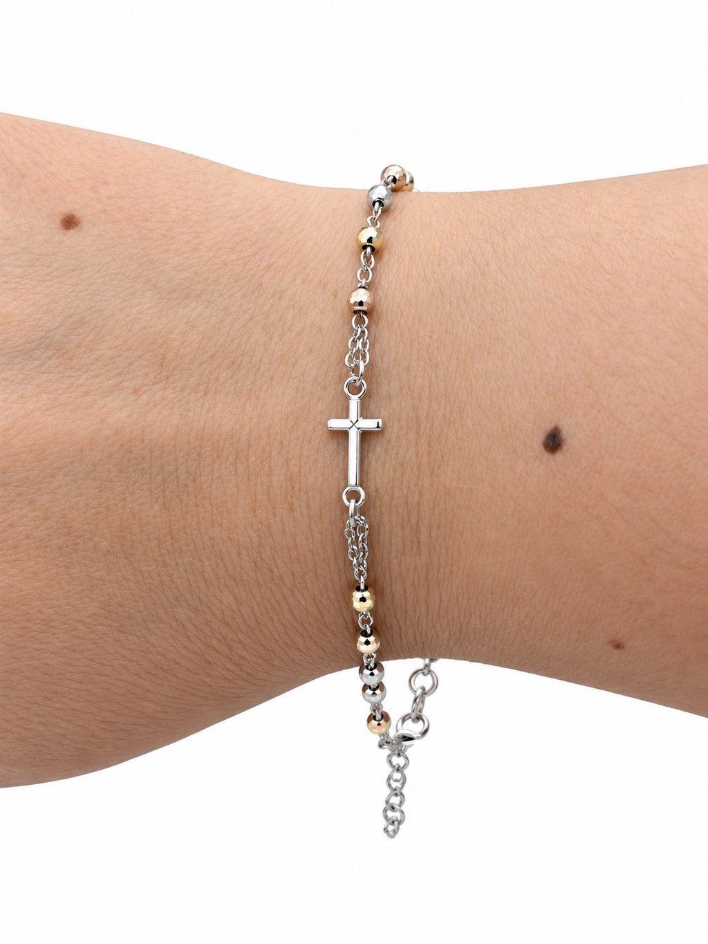 Bracciale rosario con sfere sfaccettate nei tre ori in Argento 925 con croce