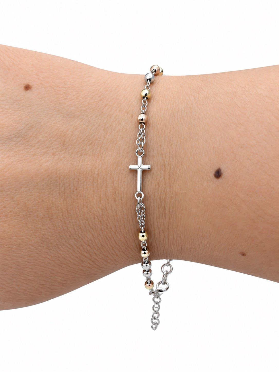 Bracciale rosario con sfere sfaccettate nei tre ori in Argento 925 con croce