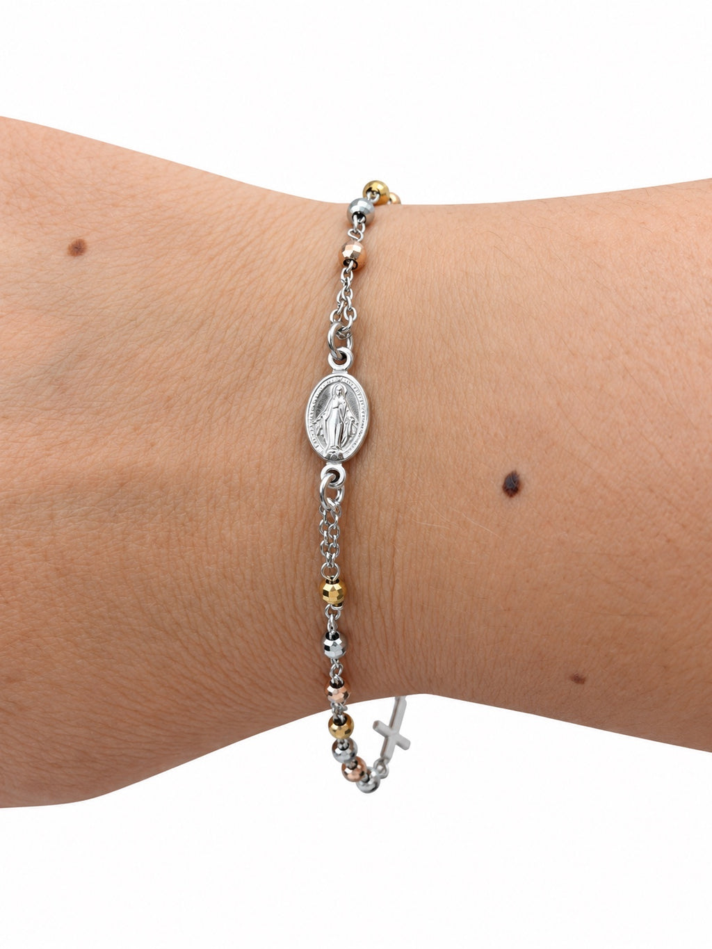 Bracciale rosario con sfere sfaccettate nei tre ori in Argento 925 con medaglia