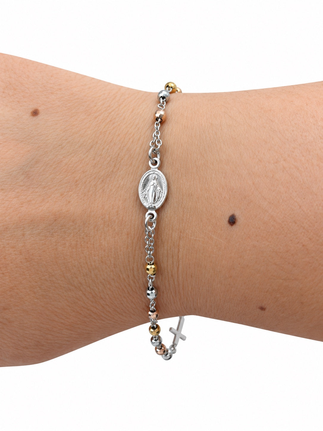 Bracciale rosario con sfere sfaccettate nei tre ori in Argento 925 con medaglia