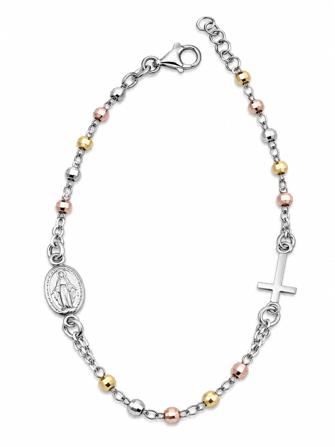 Bracciale rosario con sfere sfaccettate nei tre ori in Argento 925