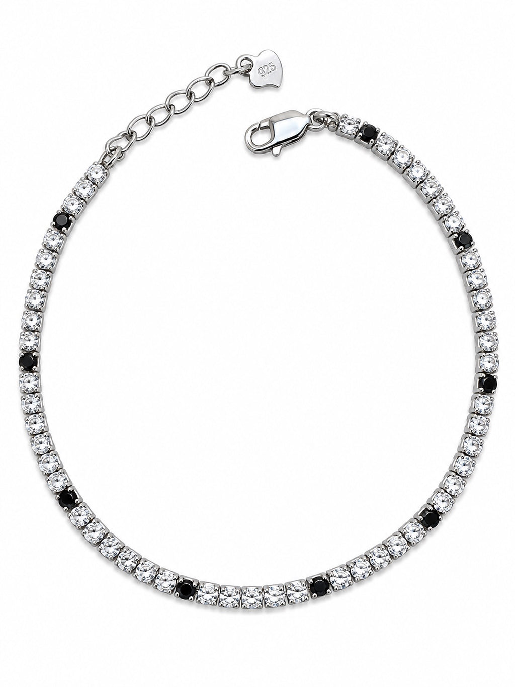 Bracciale tennis bianco e nero in Argento 925 con chiusura e allungo