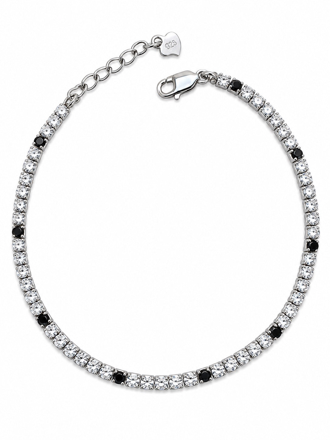 Bracciale tennis bianco e nero in Argento 925 con chiusura e allungo