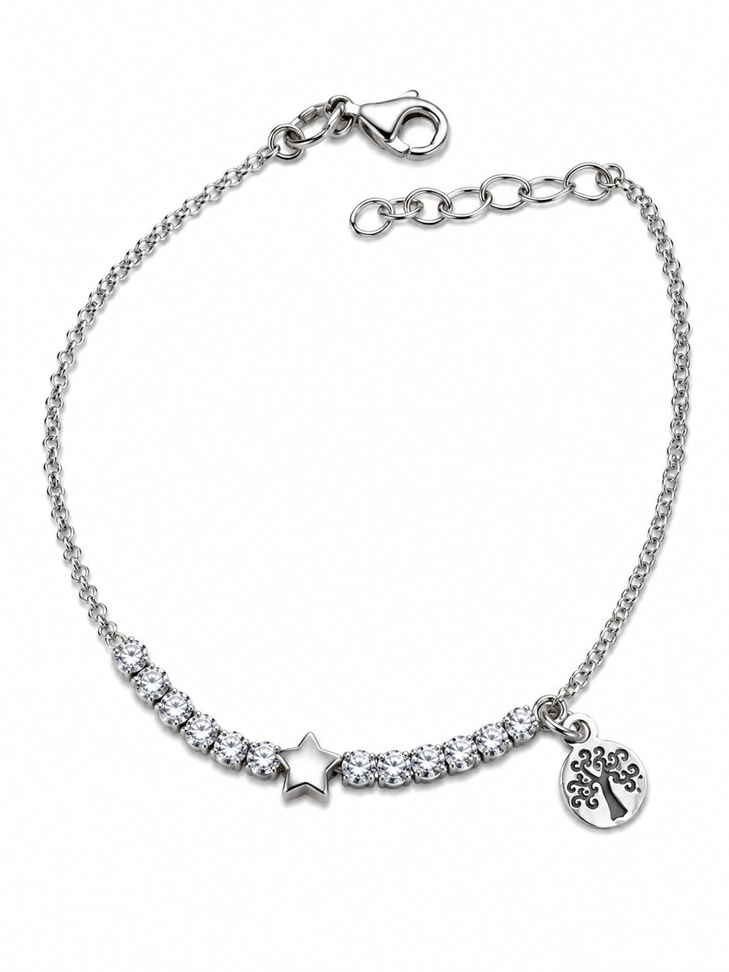 Bracciale catena e tennis centrale con stella e ciondolo albero della vita in Argento 925