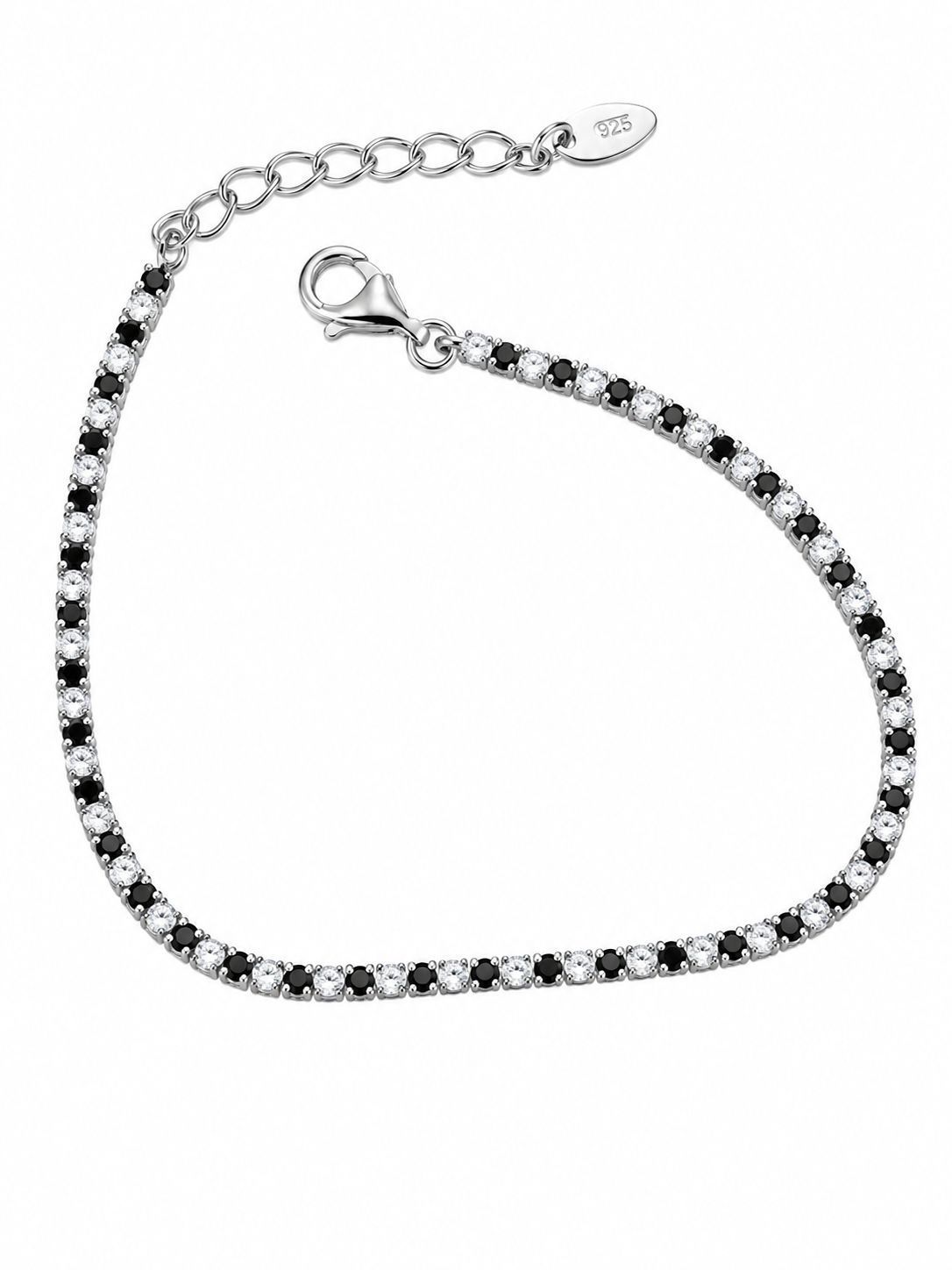 Bracciale tennis con zirconi bianchi e neri in Argento 925 con chiusura e catena di allungo