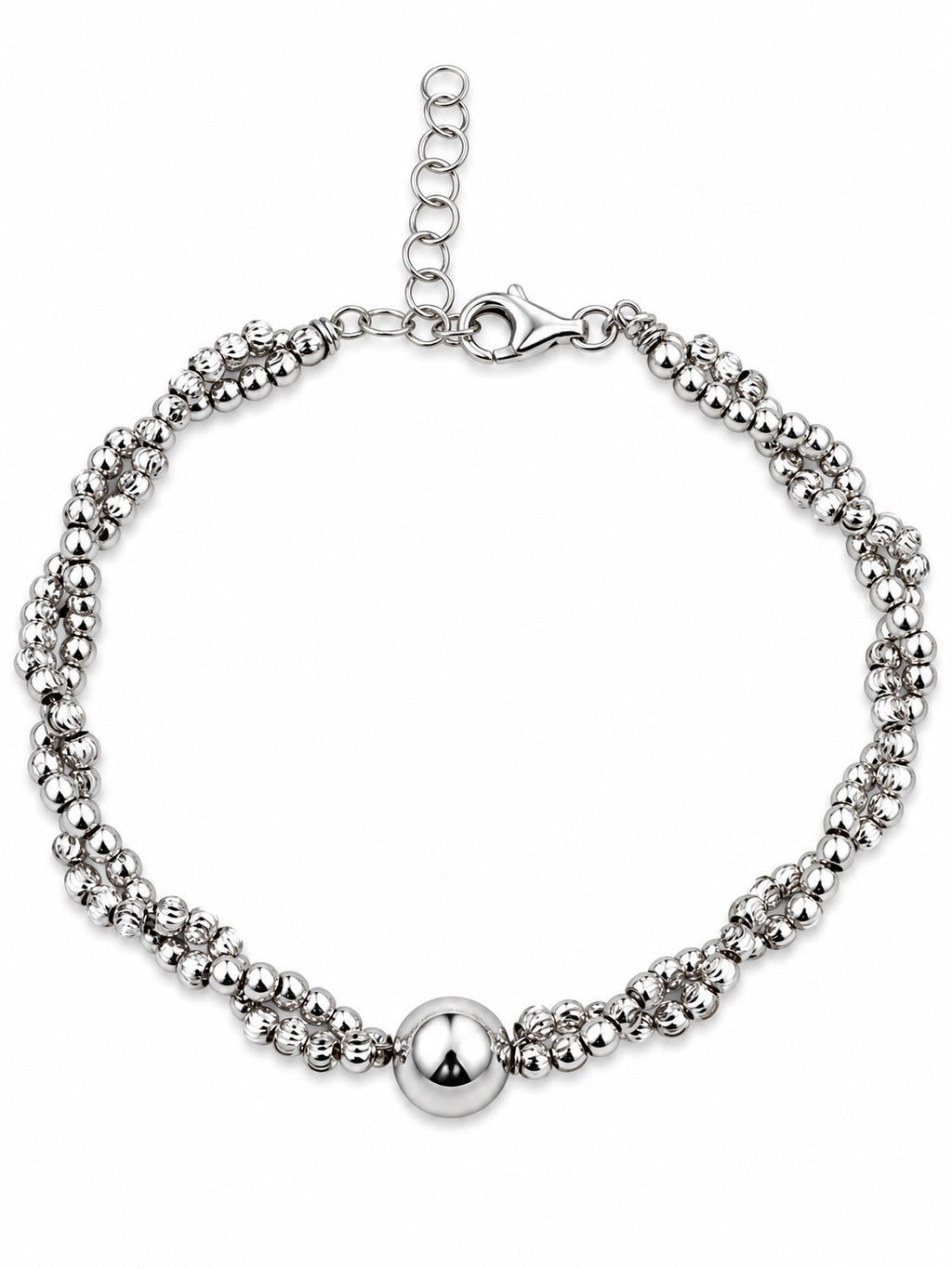 Bracciale torcion di sfere sfaccettate con boule grande centrale in Argento 925 su sfondo bianco