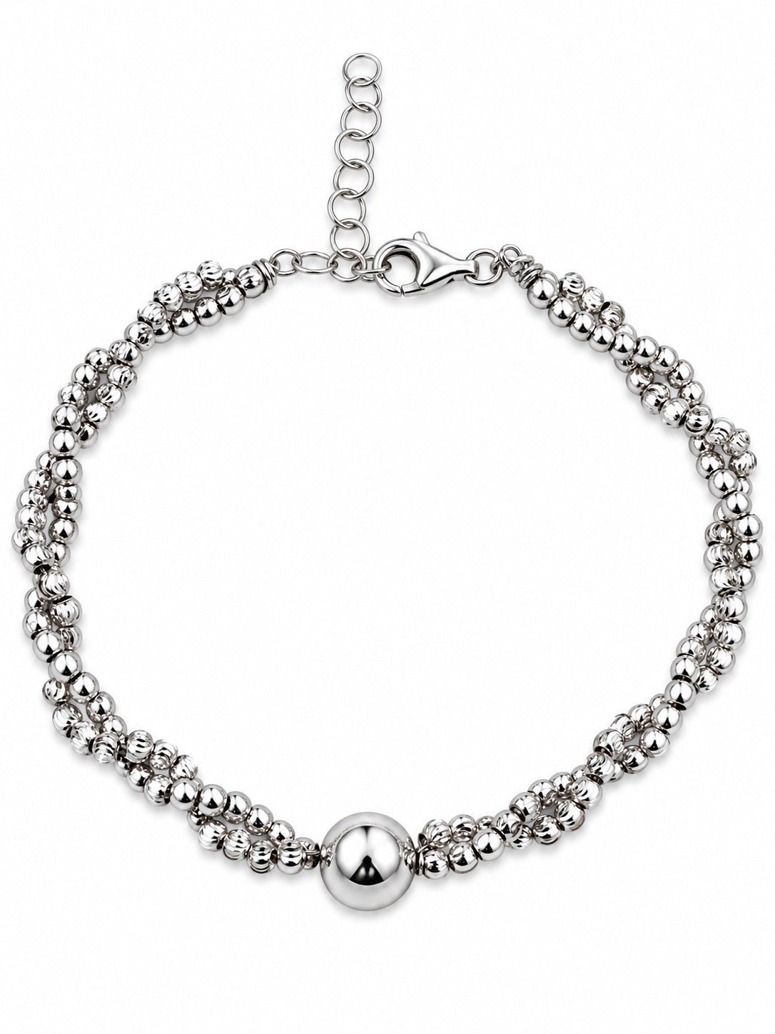 Bracciale torcion di sfere sfaccettate con boule grande centrale in Argento 925 su sfondo bianco