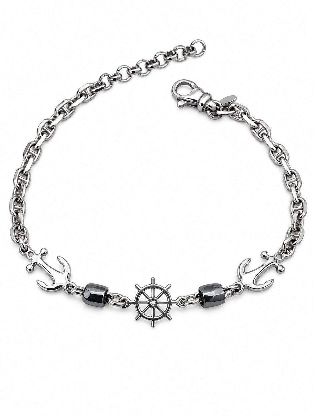 Bracciale uomo con timone e ancora in Argento 925 su sfondo bianco