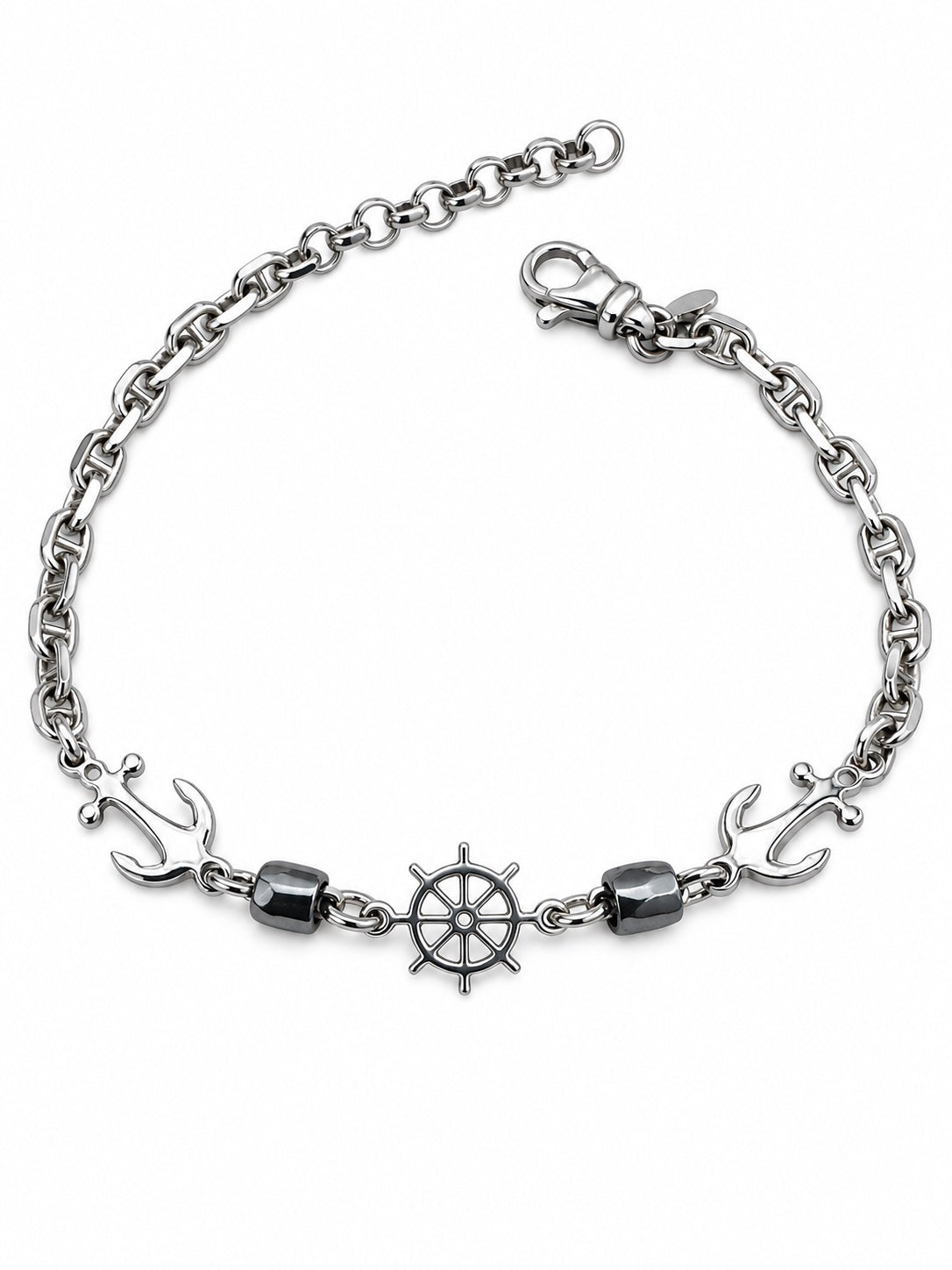 Bracciale uomo con timone e ancora in Argento 925 su sfondo bianco