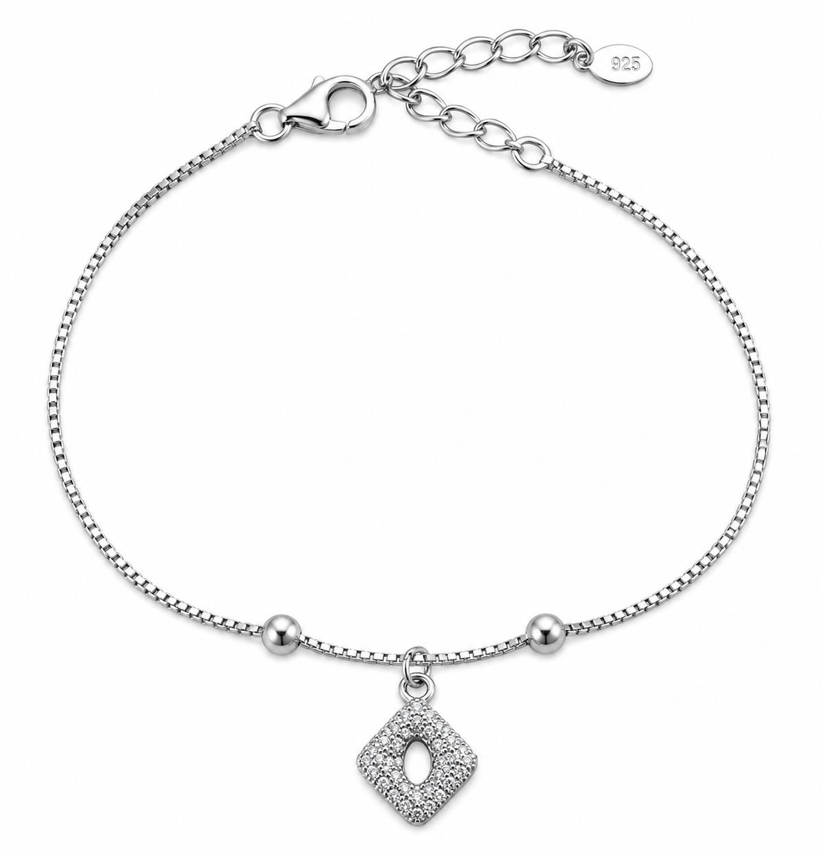 Bracciale in Argento 925 con catena veneziana e ciondolo rombo tempestato di zirconi su sfondo bianco